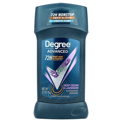 Degree, Avanzado, 72H Body Heat Activated™, Desodorante antitranspirante, Cedro y lavanda intensos, 76 g (2,7 oz)