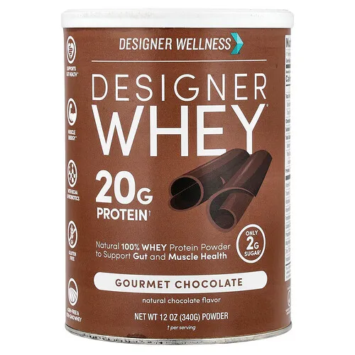 Designer Wellness, Designer Whey, Proteína de suero de leche 100 % natural en polvo, Chocolate gourmet, 340 g (12 oz)