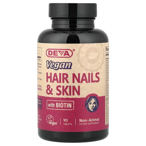 Deva, Suplemento con biotina apto para veganos para el cabello, las uñas y la piel, 90 comprimidos