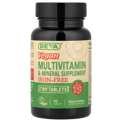 Deva, Suplemento multivitamínico y multimineral vegano, Sin hierro, 90 comprimidos pequeños