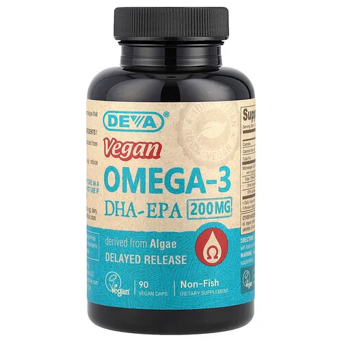 Deva, Suplemento con omega-3 DHA-EPA vegano, Liberación retardada, 200 mg, 90 cápsulas veganas