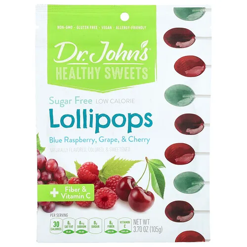 Dr. John's Healthy Sweets, Piruletas, + fibra y vitamina C, Frambuesa azul, uva y cereza, Sin azúcar, 105 g (3,7 oz)