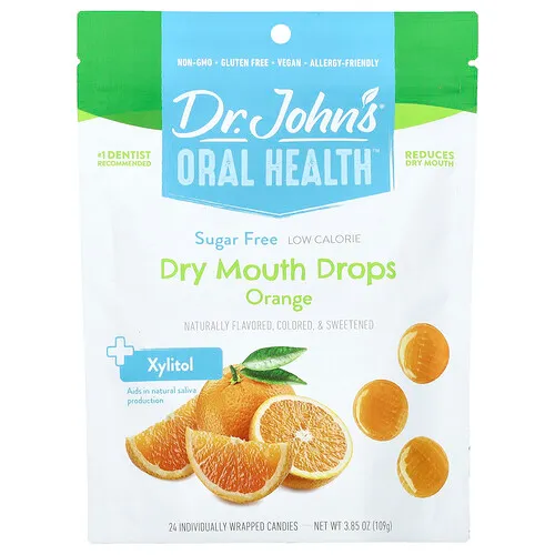 Dr. John's Healthy Sweets, Oral Health™, Gotas para la boca seca con xilitol, Naranja, 24 caramelos en envases individuales. 109 g (3,85 oz)