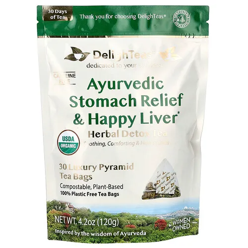 DelighTeas, Alivio estomacal ayurvédico y un hígado feliz, Té herbal desintoxicante, Sin cafeína, 30 bolsitas de té piramidales de lujo, 120 g (4,2 oz)