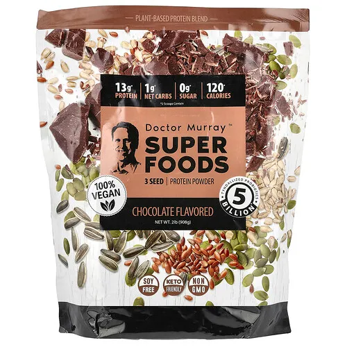 Dr. Murray's, Superalimentos, Proteína de 3 semillas en polvo, Calabaza, lino y girasol, Chocolate, 908 g (2 lb)