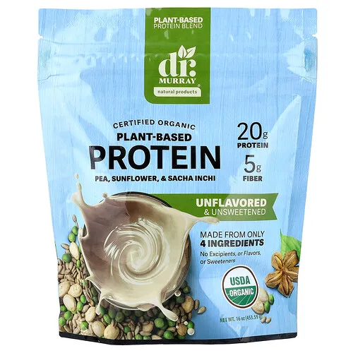 Dr. Murray's, Proteína de origen vegetal orgánica, Sin sabor ni endulzante, 453,59 g (16 oz)