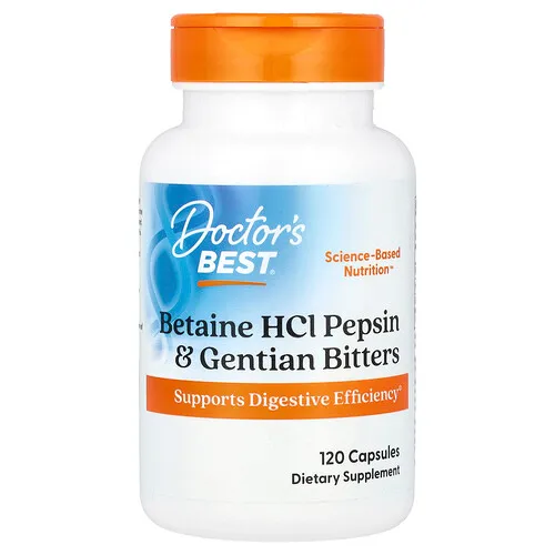 Doctor's Best, Clorhidrato de betaína, pepsina y sustancias amargas de genciana, 120 cápsulas