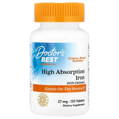 Doctor's Best, Hierro de alta absorción con Ferrochel, 27 mg, 120 comprimidos
