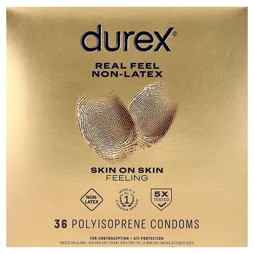 Durex, Real Feel sin látex, Ajuste regular, 36 preservativos de poliisopreno