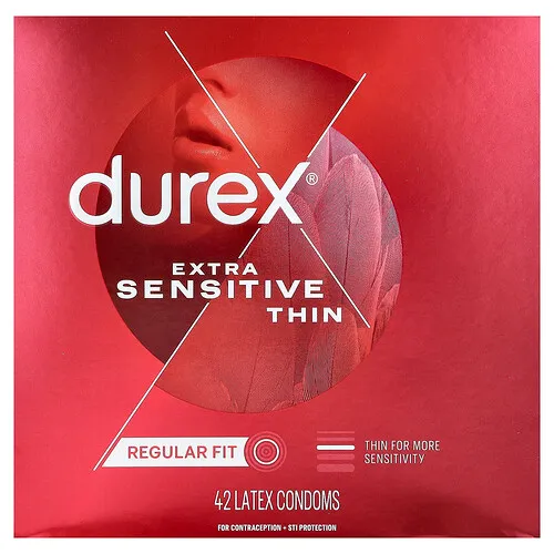 Durex, Extra Sensitive, Thin, Regular Fit, 42 preservativos de látex