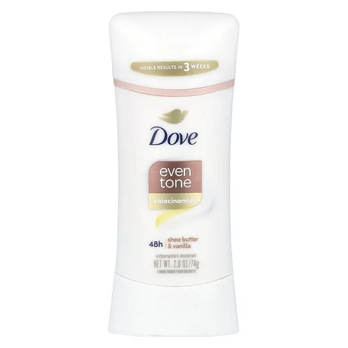 Dove, Desodorante antitranspirante y desodorante Even Tone con niacinamida, Manteca de karité y vainilla, 74 g (2,6 oz)