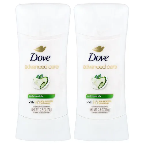 Dove, Advanced Care, Go Fresh, Desodorante antitranspirante, Cool Essentials, Paquete con 2 unidades, 74 g (2,6 oz) cada una