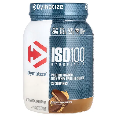 Dymatize, ISO100® hidrolizado, 100 % aislado de proteína de suero de leche, Chocolate y mantequilla de maní, 650 g (1,43 lb)