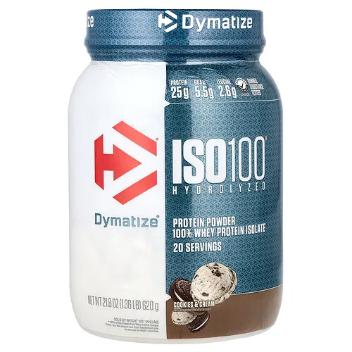 Dymatize, ISO100® hidrolizado, 100 % aislado de proteína de suero de leche, Galletas y crema, 620 g (1,36 lb)