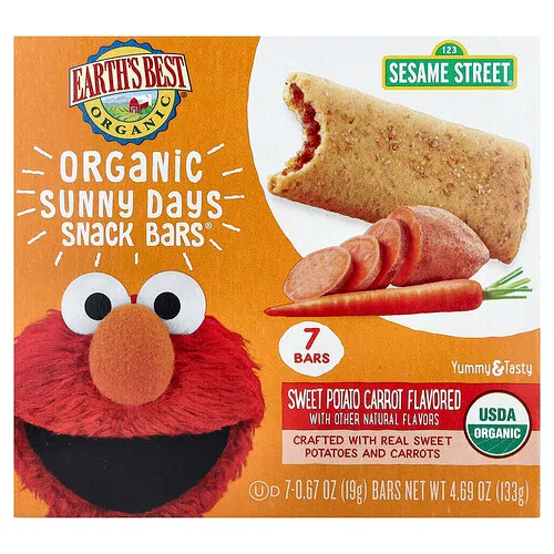 Earth's Best, Sunny Days®, Barritas orgánicas Sunny Days, Para niños de 2 años en adelante, Batata y zanahoria, 7 barritas, 19 g (0,67 oz) cada una