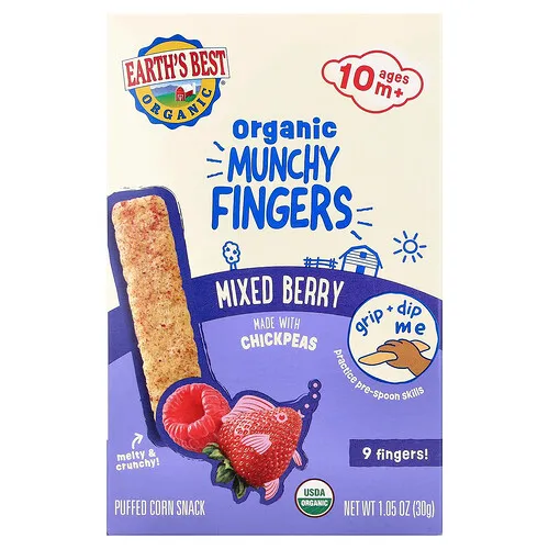 Earth's Best, Bocadillo de maíz inflado orgánico Munchy Fingers, 10 meses en adelante, Bayas mixtas, 30 g (1,05 oz)