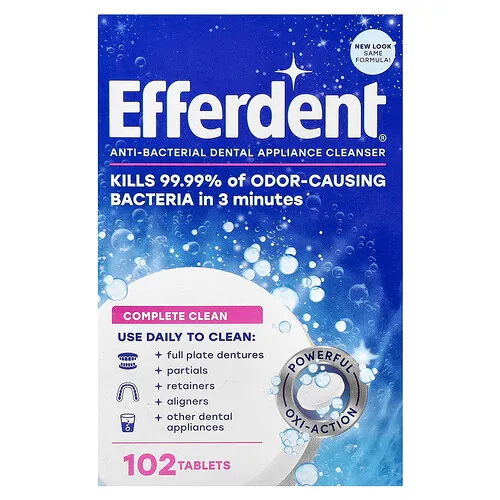 Efferdent, Agente de limpieza antibacteriano para aparatos dentales, Limpieza completa, 102 comprimidos