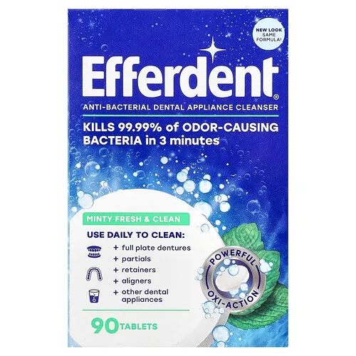 Efferdent, Agente de limpieza antibacteriano para aparatos dentales, Menta fresca y limpia, 90 comprimidos