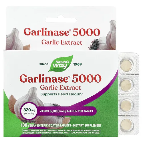 Nature's Way, Garlinase® 5000, Extracto de ajo, 320 mg, 100 comprimidos veganos con recubrimiento entérico