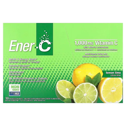 Ener-C, Vitamina C, Mezcla para preparar bebidas multivitamínicas, Lima limón, 1000 mg, 30 sobres, 9,56 g (0,3 oz) cada uno