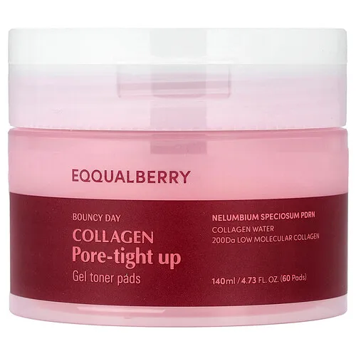 EQQUALBERRY, Bouncy Day, Crema para cerrar los poros con colágeno, Almohadillas tónicas de gel, 60 almohadillas