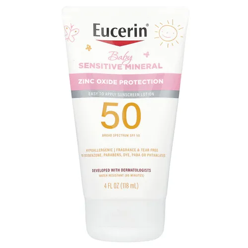 Eucerin, Bebé, Loción de protección solar con minerales sensibles, FPS 50, Sin fragancia, 118 ml (4 oz. Líq.)