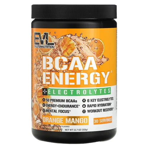 EVLution Nutrition, Energía de BCAA con electrolitos, Naranja y mango, 333 g (11,7 oz)