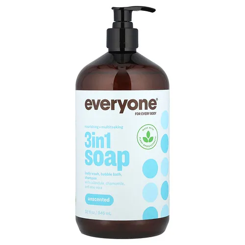 Everyone, Jabón 3 en 1, Jabón líquido para el cuerpo, Baño de burbujas, Champú, Sin fragancia, 946 ml (32 oz. líq.)