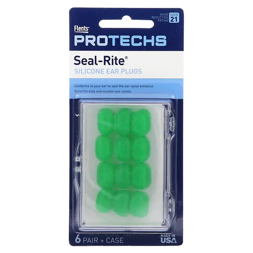 Ezy Dose, Pro-Techs, Seal-Rite, Tapones para los oídos de silicona, Verde, 6 pares y estuche