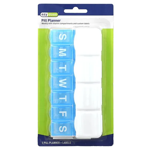 Ezy Dose, Planificador semanal de pastillas con etiquetas y compartimentos para vitaminas, 1 recuento
