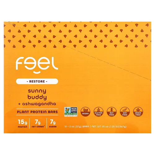 The Feel Bar, Restauración, Barritas proteicas de origen vegetal, Sunny Buddy y ashwagandha, 10 barritas, 57 g (2 oz) cada una