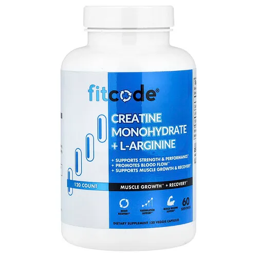 fitcode, Monohidrato de creatina más L-arginina, 120 cápsulas vegetales