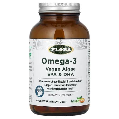 Flora, Omega-3, Algas EPA y DHA veganas, 60 cápsulas blandas vegetales