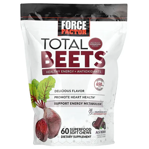 Force Factor, Total Beets®, Energía saludable con antioxidantes, Baya de asaí, 60 bocadillos masticables blandos con superalimentos