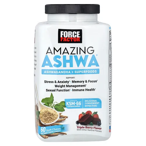 Force Factor, Amazing Ashwa®, Suplemento de ashwagandha, Tres bayas, 60 comprimidos masticables blandos