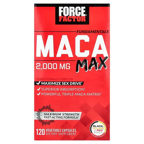 Force Factor, Ingredientes esenciales, Maca de concentración máxima, 2000 mg, 120 cápsulas vegetales (500 mg por cápsula)