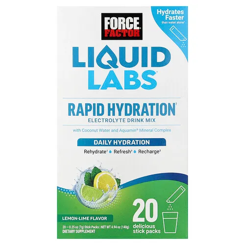 Force Factor, Liquid Labs™, Mezcla para preparar bebidas con electrolitos de hidratación rápida, Lima-limón, 20 sobrecitos, 7 g (0,25 oz) cada uno