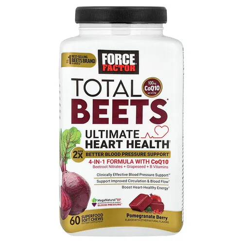 Force Factor, Total Beets® con CoQ10, Máxima salud cardíaca, Granada y bayas, 60 bocadillos masticables blandos con superalimentos