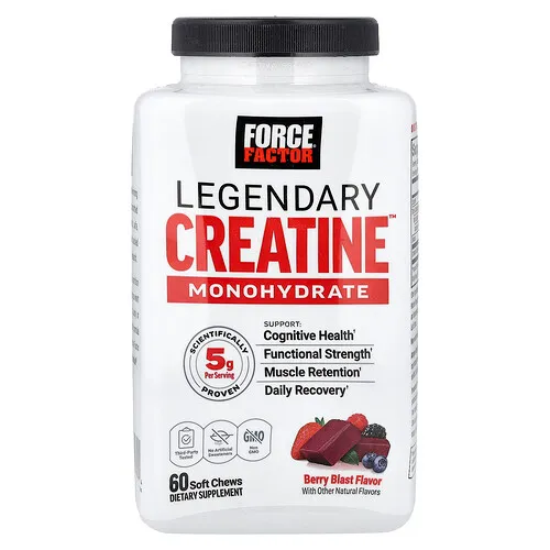 Force Factor, Legendary Creatine™, Monohidrato de creatina, Explosión de bayas, 60 comprimidos masticables blandos (2,5 g por comprimido)