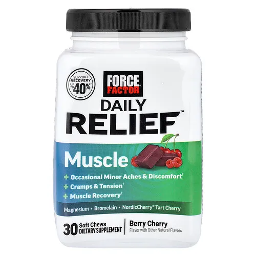Force Factor, Daily Relief™, Muscle, Baya y cereza, 30 comprimidos masticables blandos