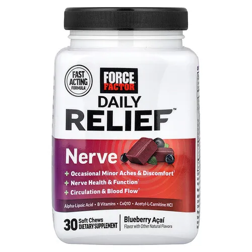 Force Factor, Daily Relief™, Nervio, Arándano y asaí, 30 comprimidos masticables blandos