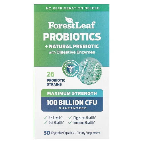 Forest Leaf, Probióticos y prebióticos naturales con enzimas digestivas, Máxima concentración, 30 cápsulas vegetales