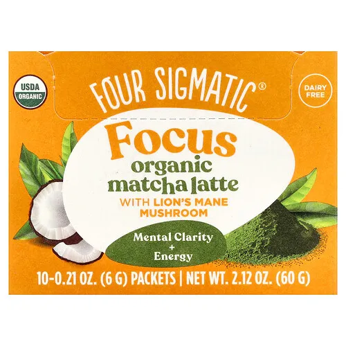 Four Sigmatic, Think, Mezcla de matcha latte orgánico con hongos melena de león, 10 sobres, 6 g (0,21 oz) cada uno