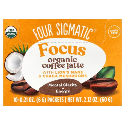 Four Sigmatic, Enfoque, Café con leche orgánico con hongos melena de león y chaga, 10 sobres, 6 g (0,21 oz) cada uno