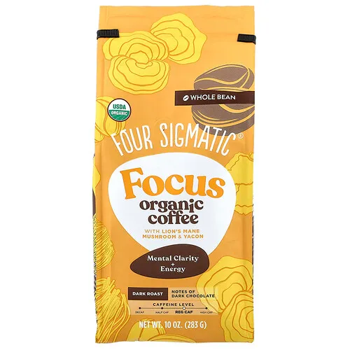 Four Sigmatic, Focus, Café orgánico con hongo melena de león y yacón, Grano entero, Tostado oscuro, 283 g (10 oz)