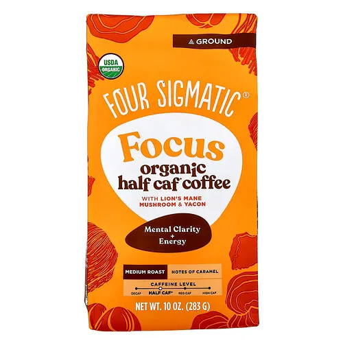 Four Sigmatic, Focus, Café orgánico semicafeinado con hongo melena de león y yacón, Molido, Tostado medio, 283 g (10 oz)