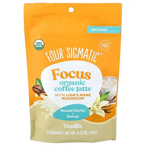 Four Sigmatic, Focus, Café latte instantáneo orgánico con hongo melena de león, Vainilla, 120 g (4,23 oz)