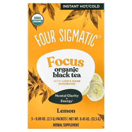 Four Sigmatic, Focus, Té negro orgánico con hongo melena de león, Limón, 5 sobres, 2,5 g (0,09 oz) cada uno