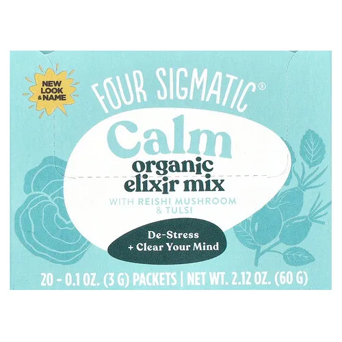 Four Sigmatic, Calm, Mezcla de elixir orgánico con hongo reishi y tulsí, Sin cafeína, 20 sobres, 3 g (0,1 oz) cada uno