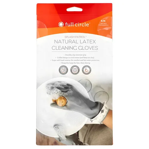 Full Circle, Splash Patrol, Guantes de limpieza de látex natural, Talla S / M, Gris, 1 par